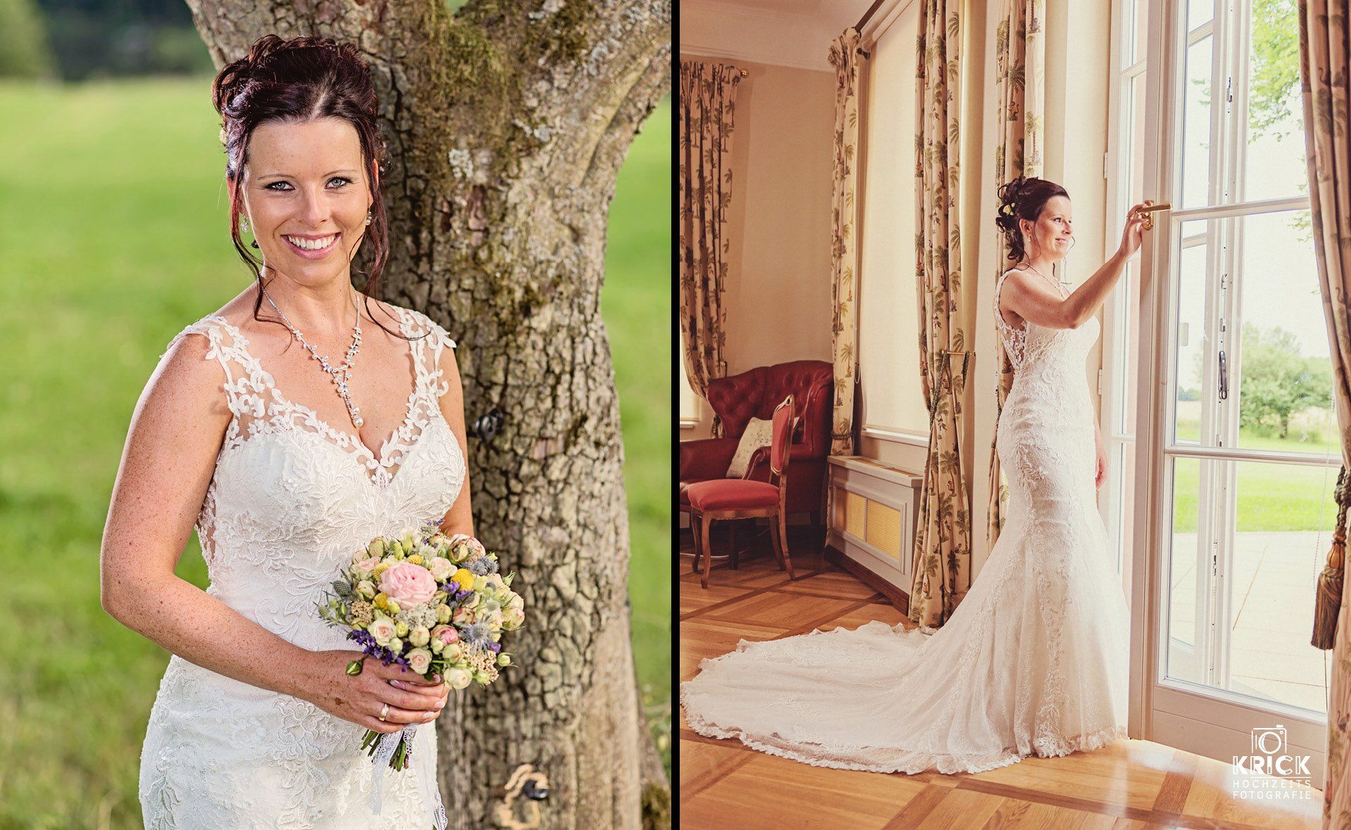 Eine Braut im Brautkleid steht neben einem Baum und hält einen Blumenstrauß.