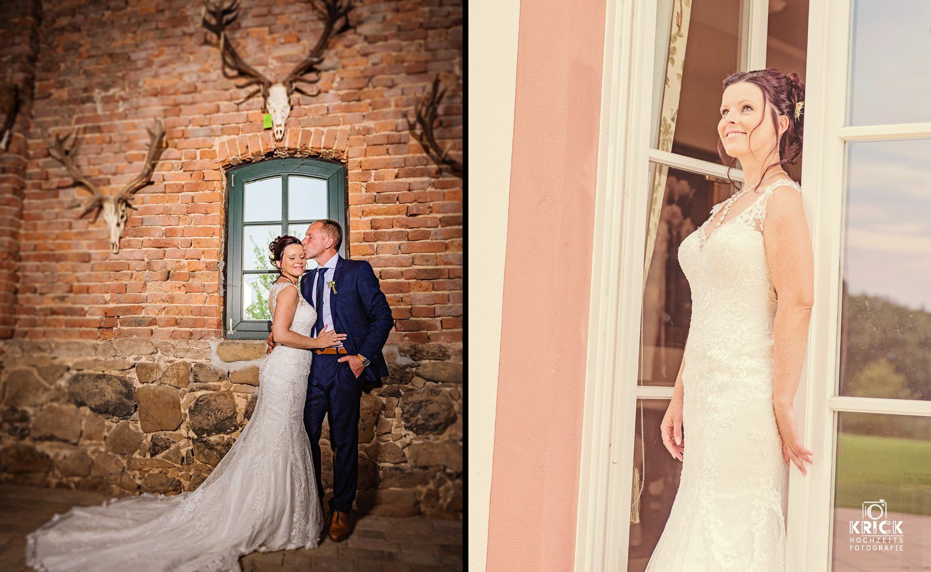 Eine Braut und ein Bräutigam posieren für ein Foto vor einer Backsteinmauer.