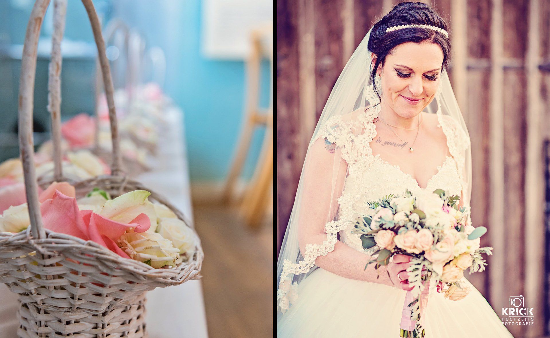 Eine Braut hält einen Blumenstrauß neben einem Blumenkorb.