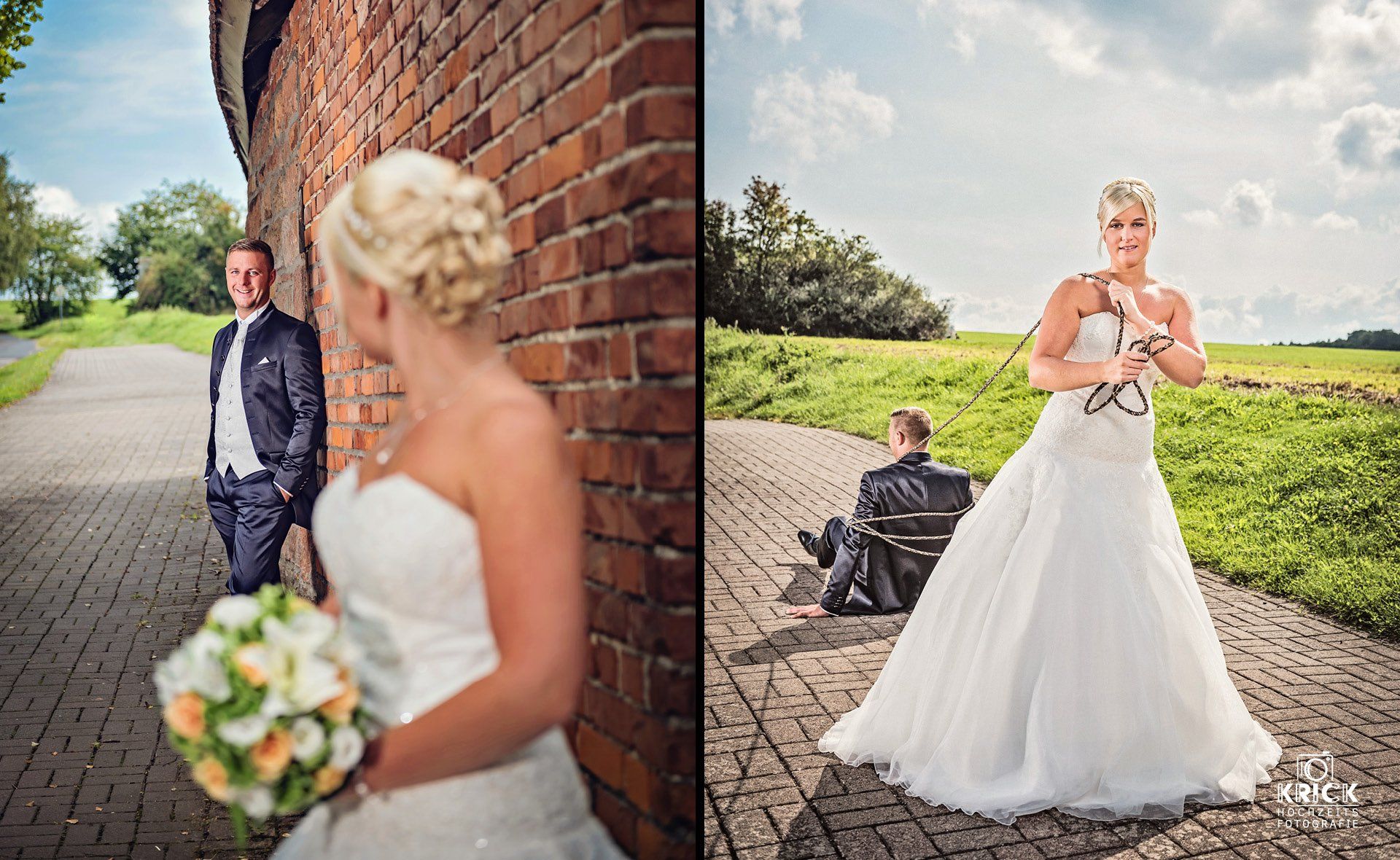 Eine Braut und ein Bräutigam posieren für ein Foto vor einer Backsteinmauer.