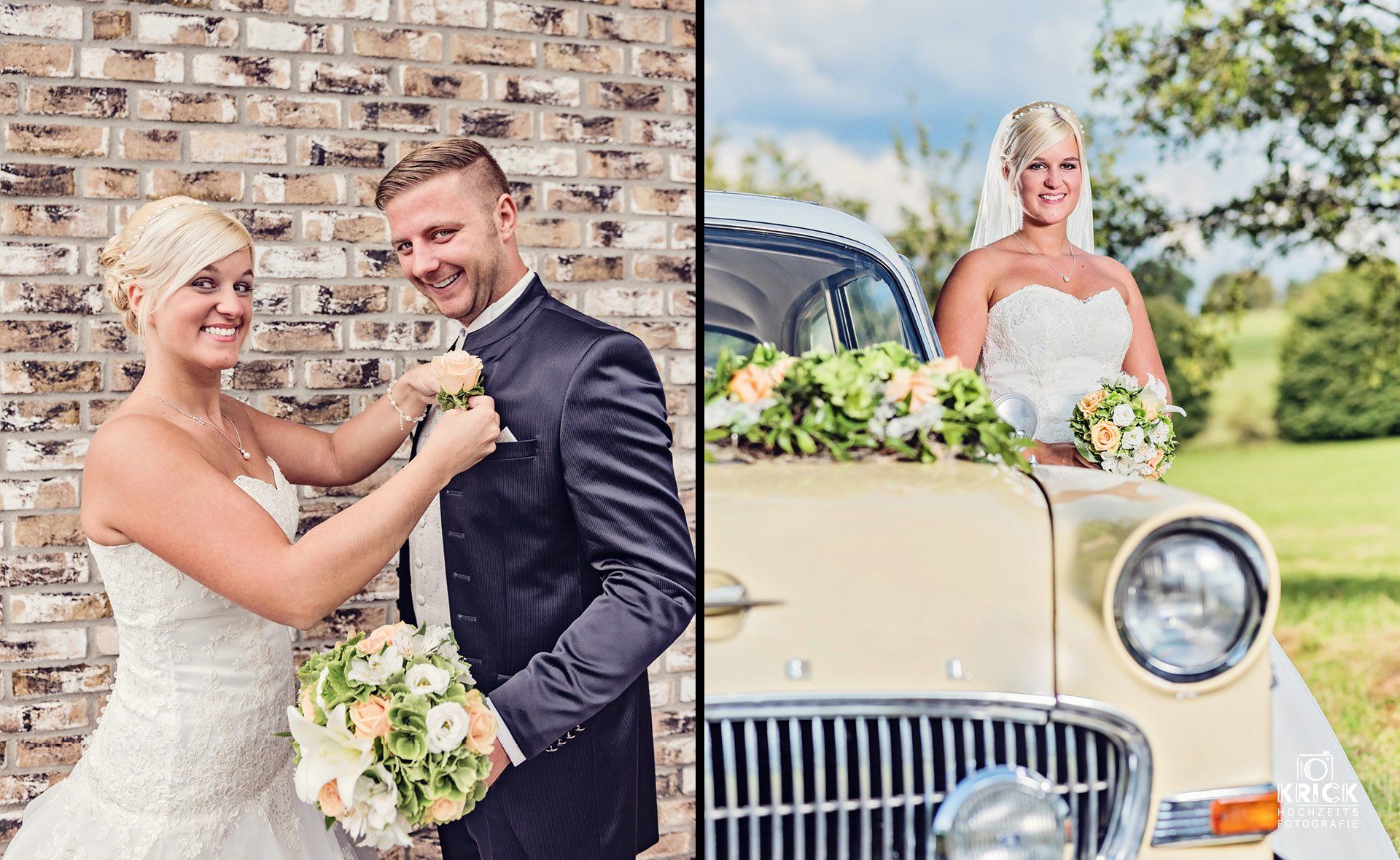 Eine Braut und ein Bräutigam posieren für ein Foto neben einem Hochzeitsauto.