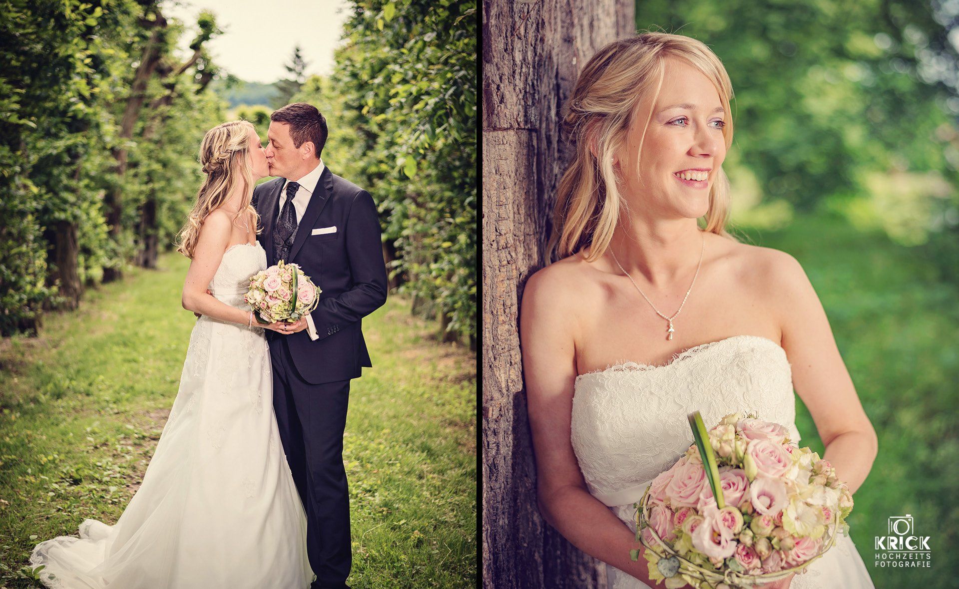 Eine Braut und ein Bräutigam posieren für ein Foto, während sie an einem Baum lehnen.