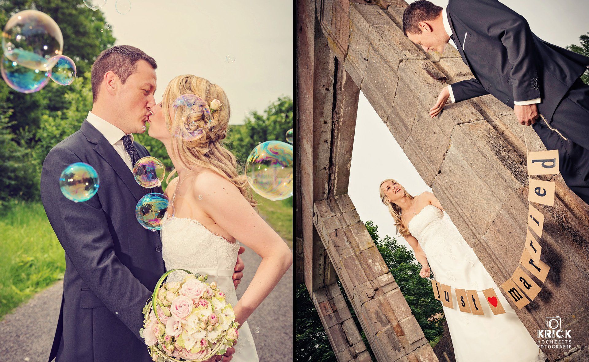 Eine Braut und ein Bräutigam küssen sich vor Seifenblasen.