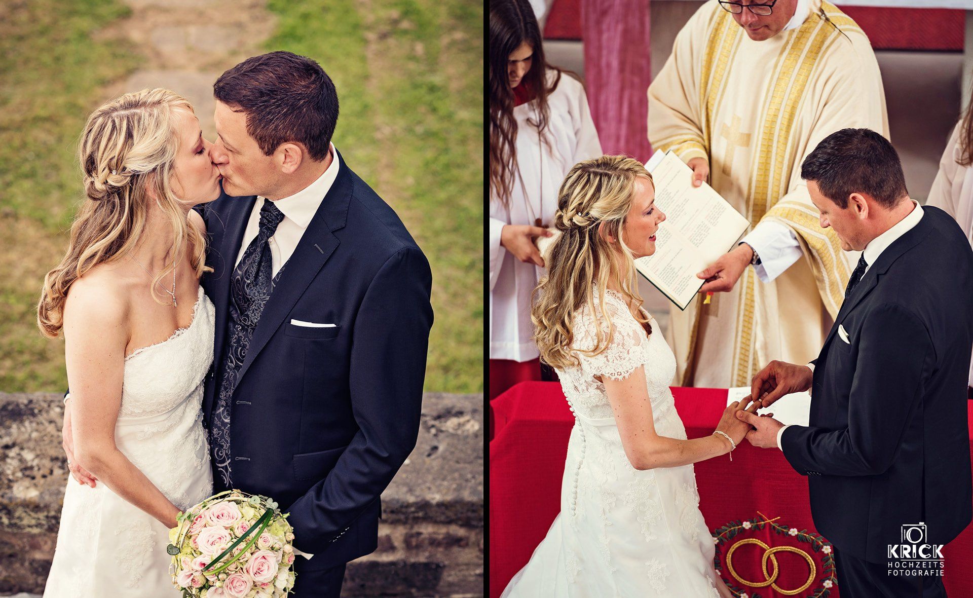 Braut und Bräutigam küssen sich während ihrer Hochzeitszeremonie