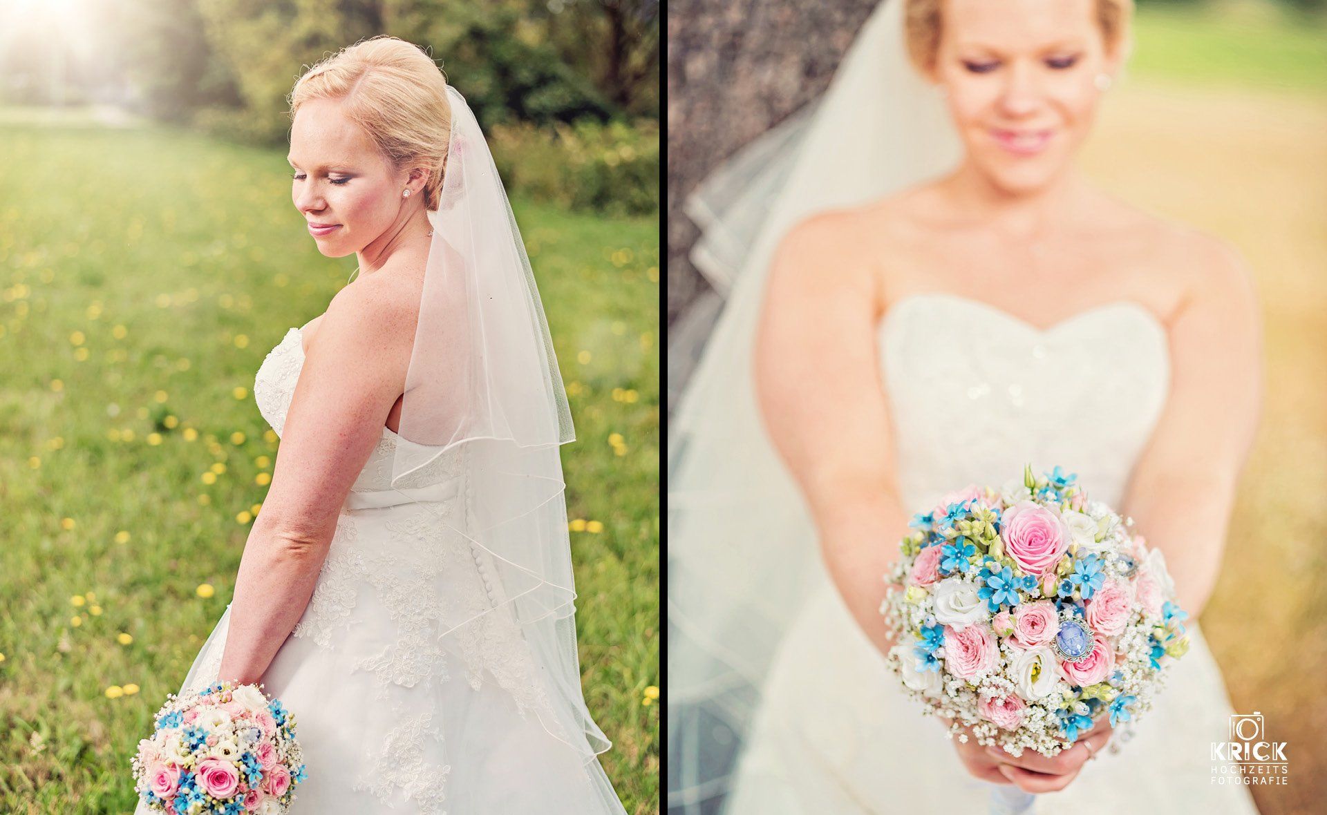 Eine Braut im Brautkleid hält auf einem Feld einen Blumenstrauß.