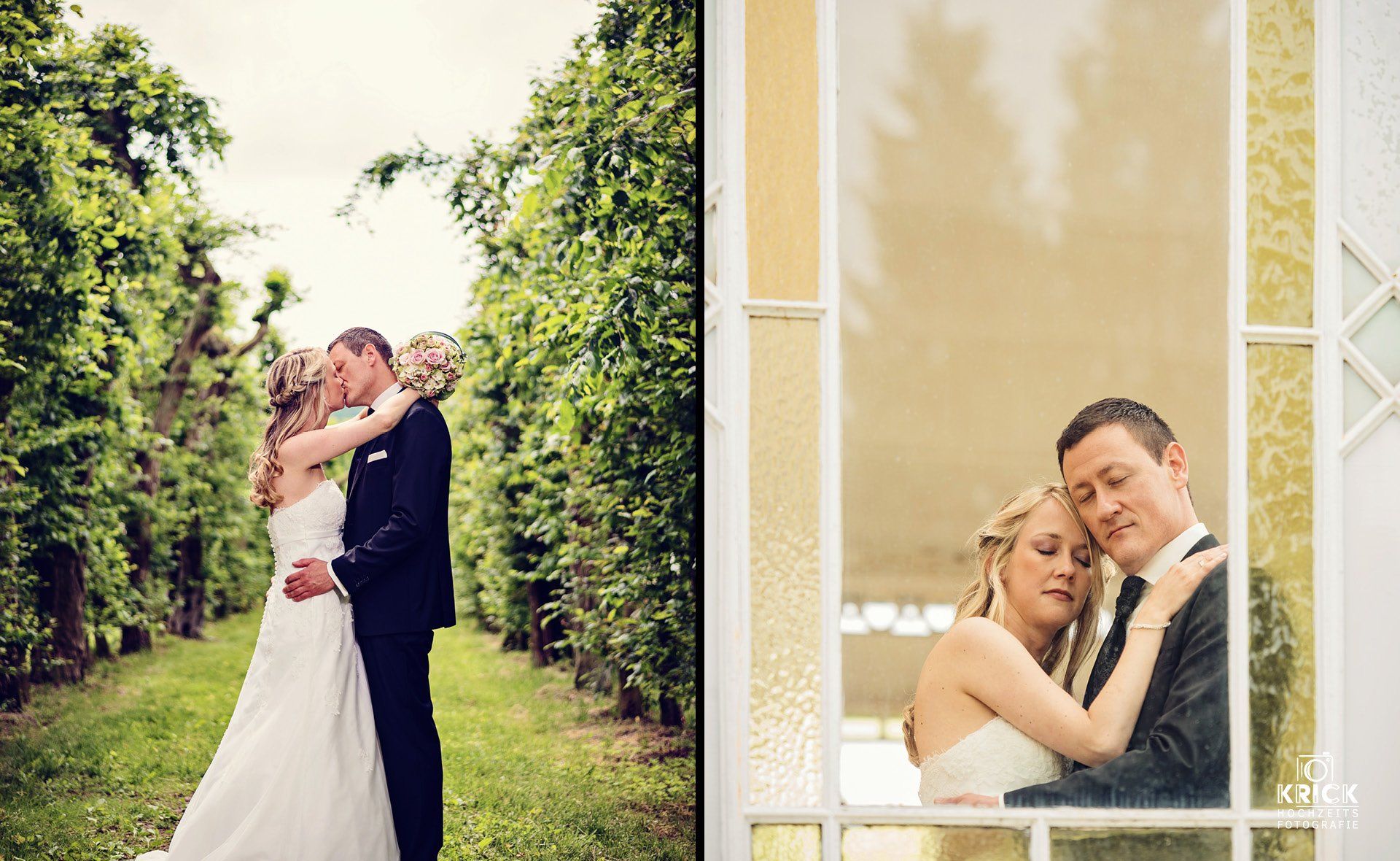 Eine Braut und ein Bräutigam küssen sich auf einem Feld und schauen aus einem Fenster.