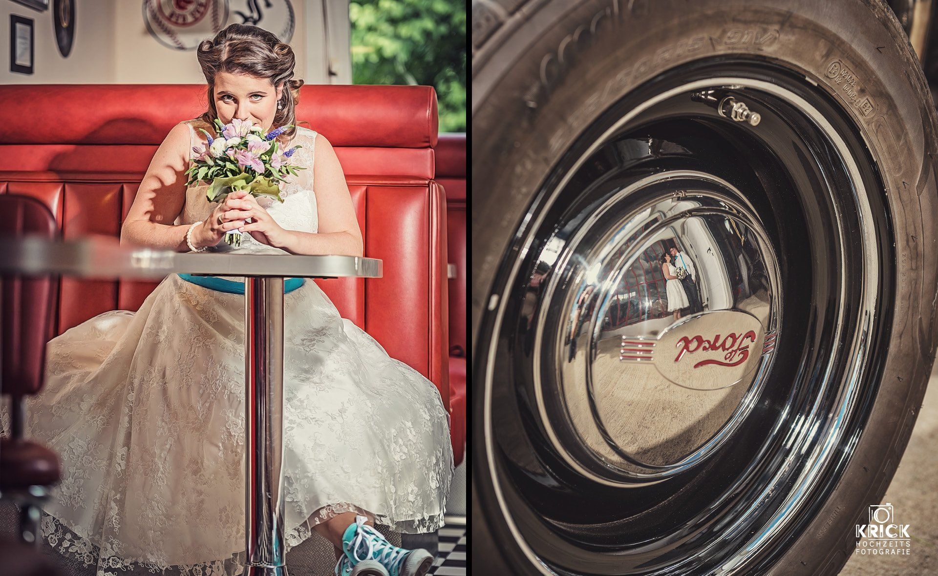 Eine Braut sitzt in einem Restaurant an einem Tisch neben einem Reifen.