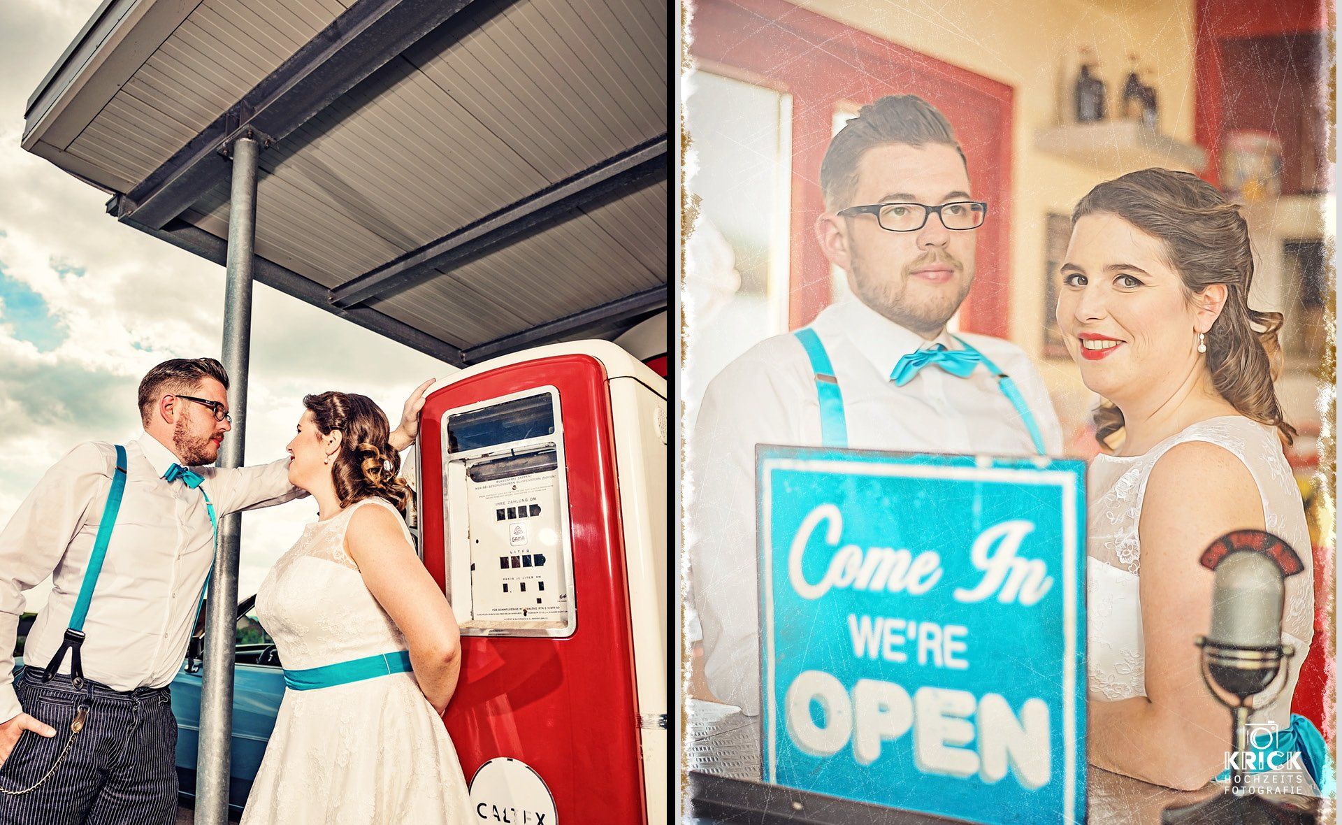 Eine Braut und ein Bräutigam stehen vor einer Zapfsäule und einem Schild mit der Aufschrift „Kommen Sie rein, wir haben geöffnet“.