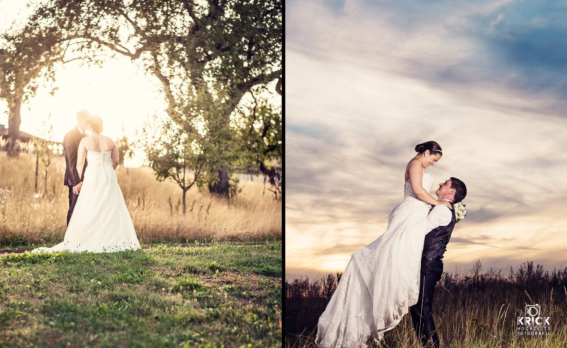 Eine Braut und ein Bräutigam posieren auf einem Feld für ein Foto.