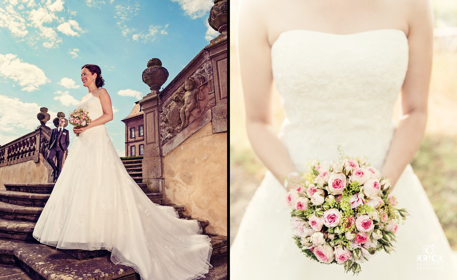 Eine Braut im Brautkleid hält einen Blumenstrauß.