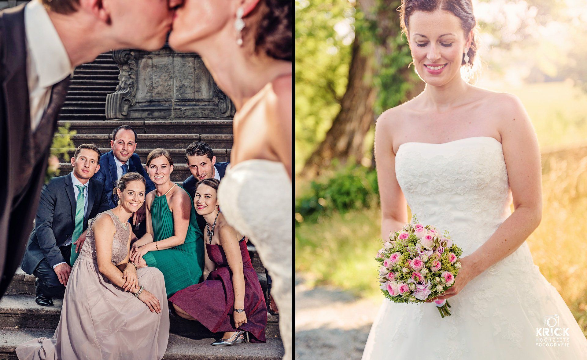 Eine Braut und ein Bräutigam küssen sich vor ihrer Hochzeitsgesellschaft.