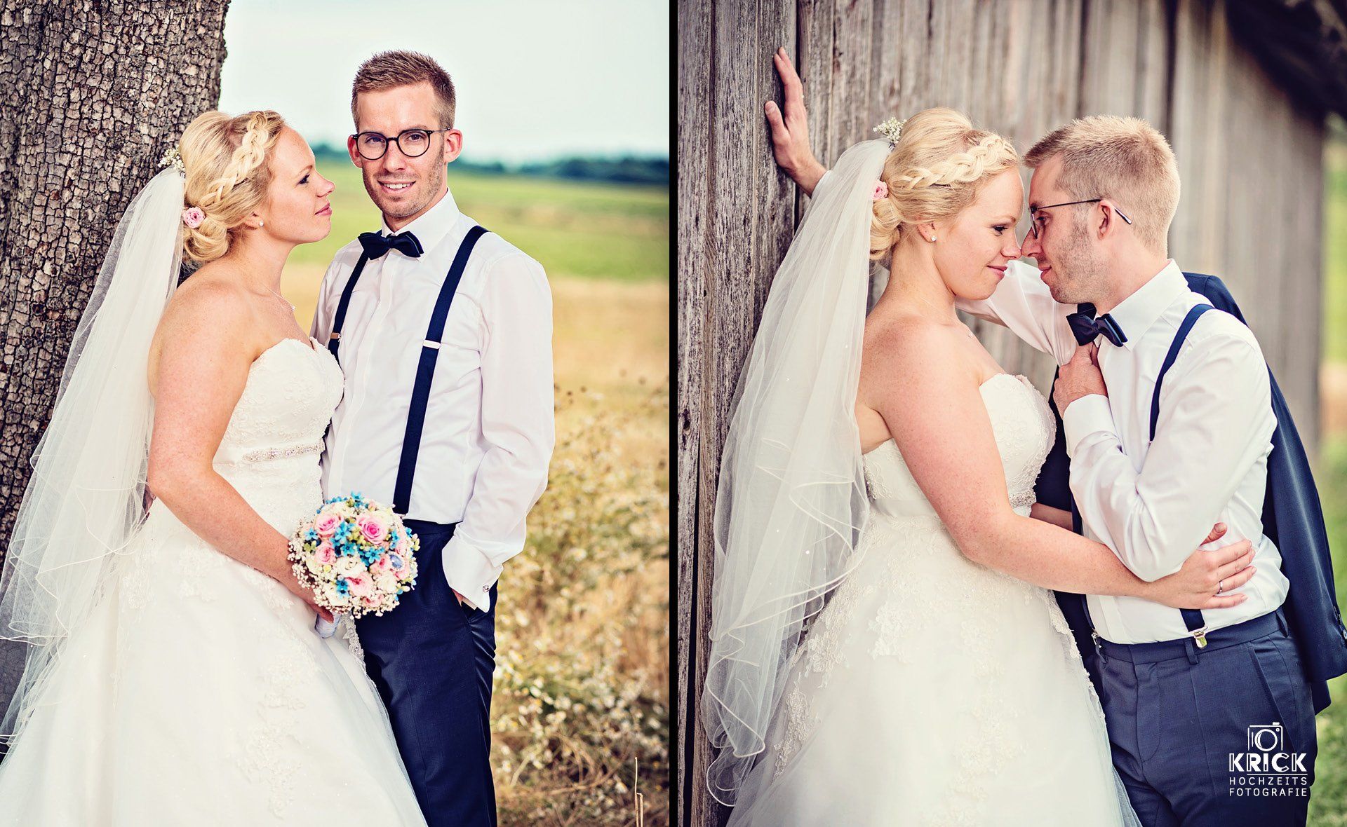 Eine Braut und ein Bräutigam posieren vor einer Scheune für ein Foto.