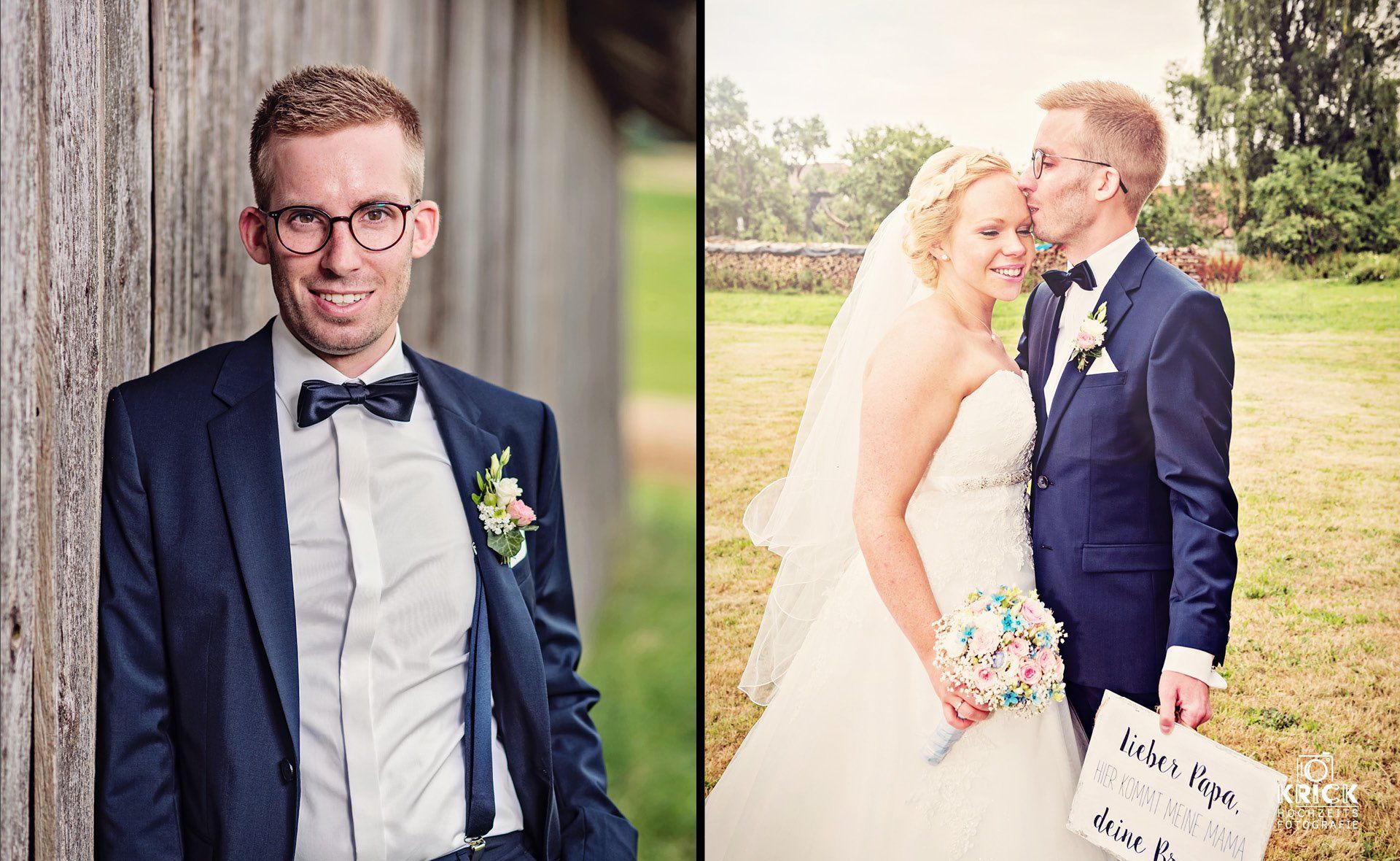 Ein Mann in Anzug und Fliege steht neben einer Frau in einem Hochzeitskleid.