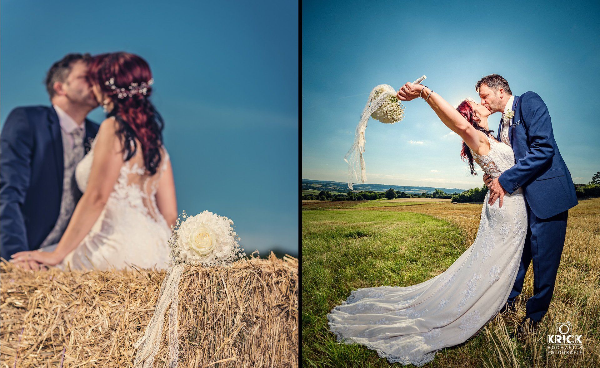 Eine Braut und ein Bräutigam küssen sich auf einem Heuballen.