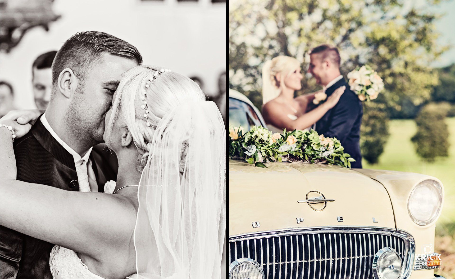 Eine Braut und ein Bräutigam küssen sich vor einem Hochzeitsauto.