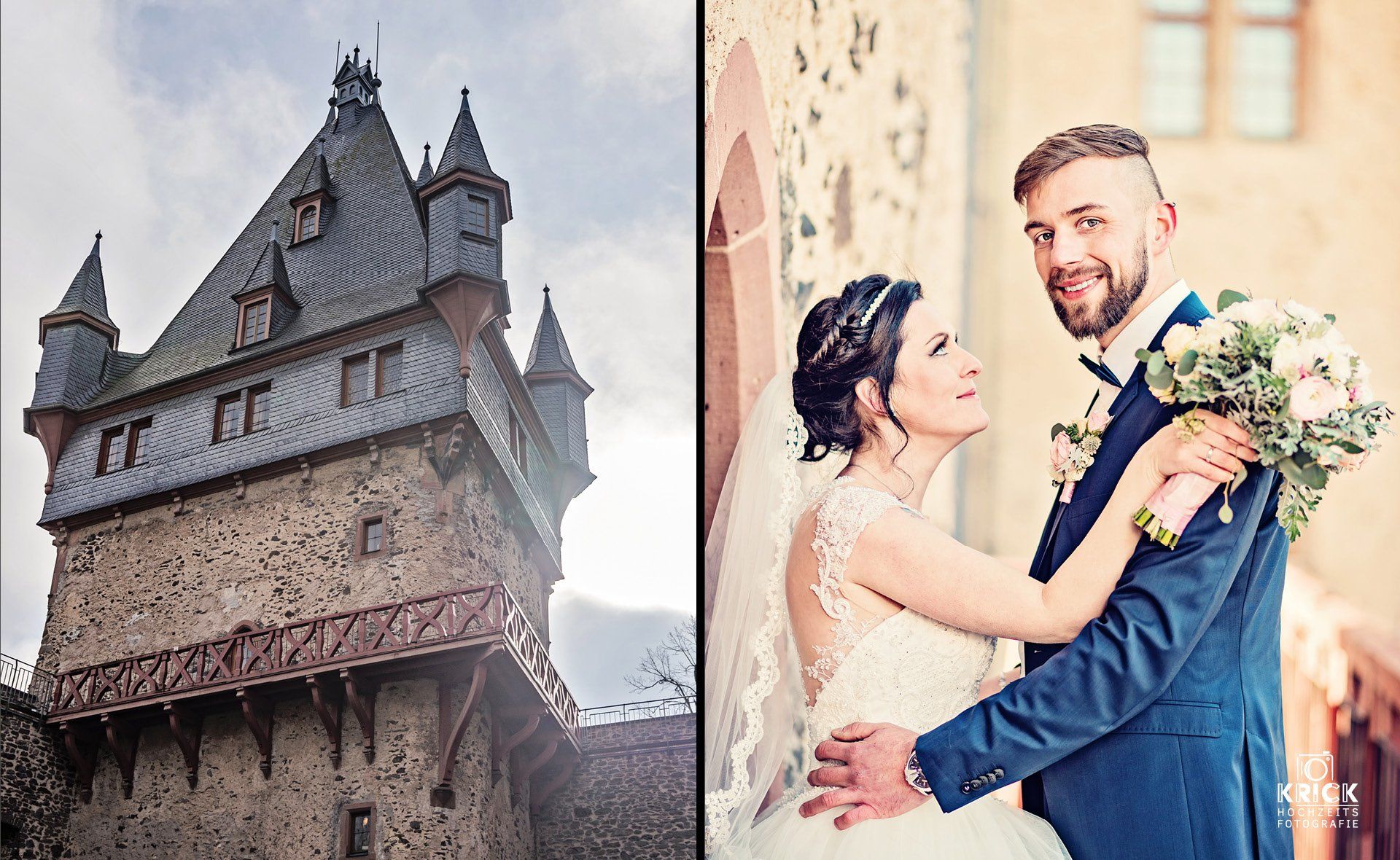 Eine Braut und ein Bräutigam posieren für ein Foto vor einem Schloss.