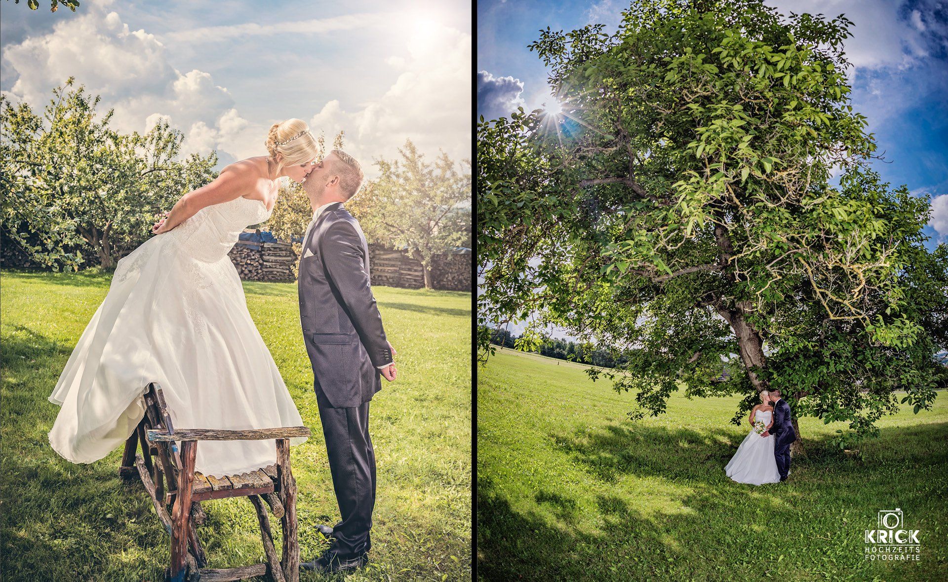 Eine Braut und ein Bräutigam küssen sich auf einem Feld neben einem Baum.