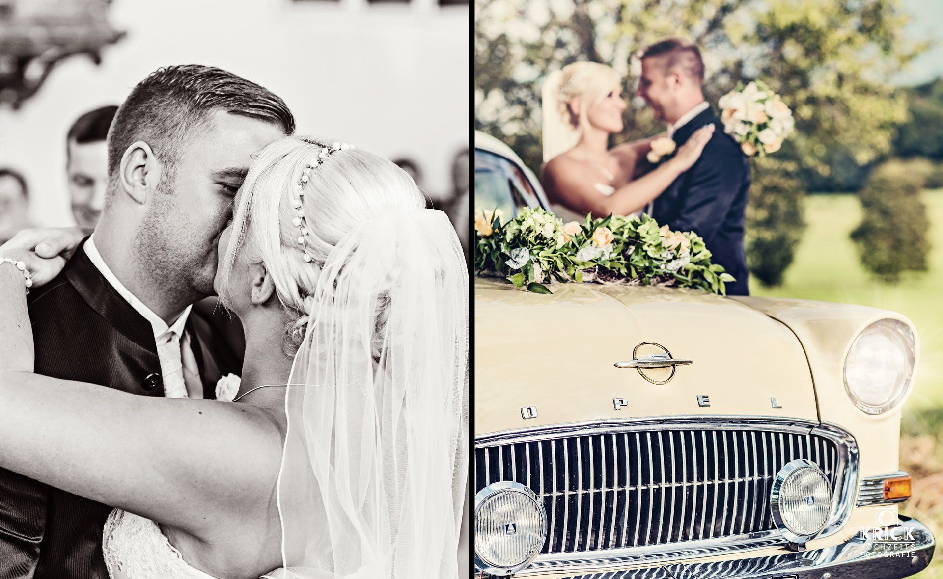 Eine Braut und ein Bräutigam küssen sich neben einem Auto.