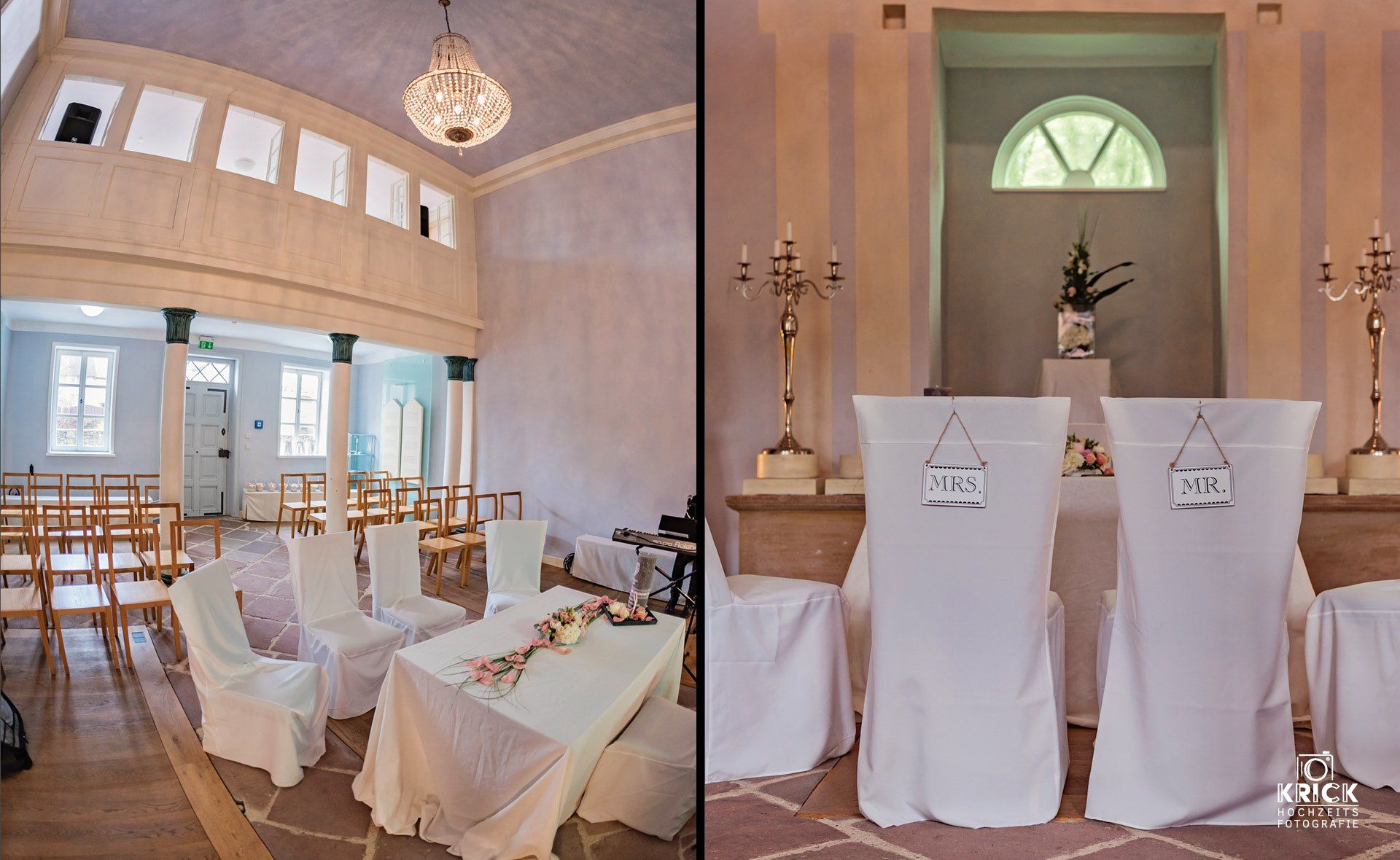 Zwei Bilder einer Kirche mit weißen Stühlen und einem Tisch.