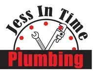 Logo for Jess In Time Plumbing: wrench and pipe wrench inside clock face; company name in black and red.