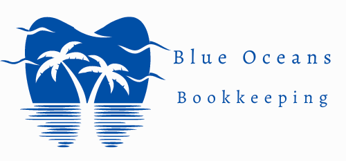 A blue oceans bookkeeping logo with palm trees and birds