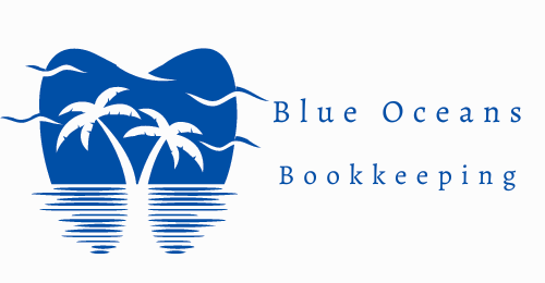 A blue oceans bookkeeping logo with palm trees and birds