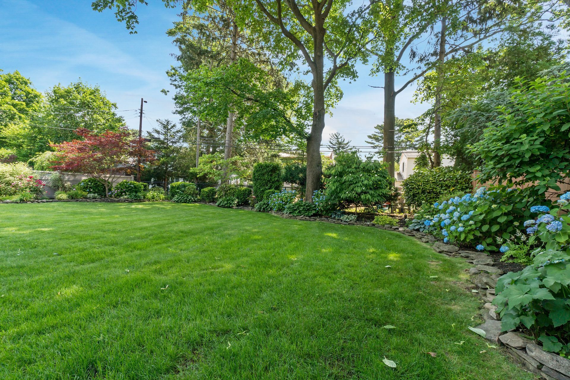 A large lush green lawn surrounded by trees and flowers.
