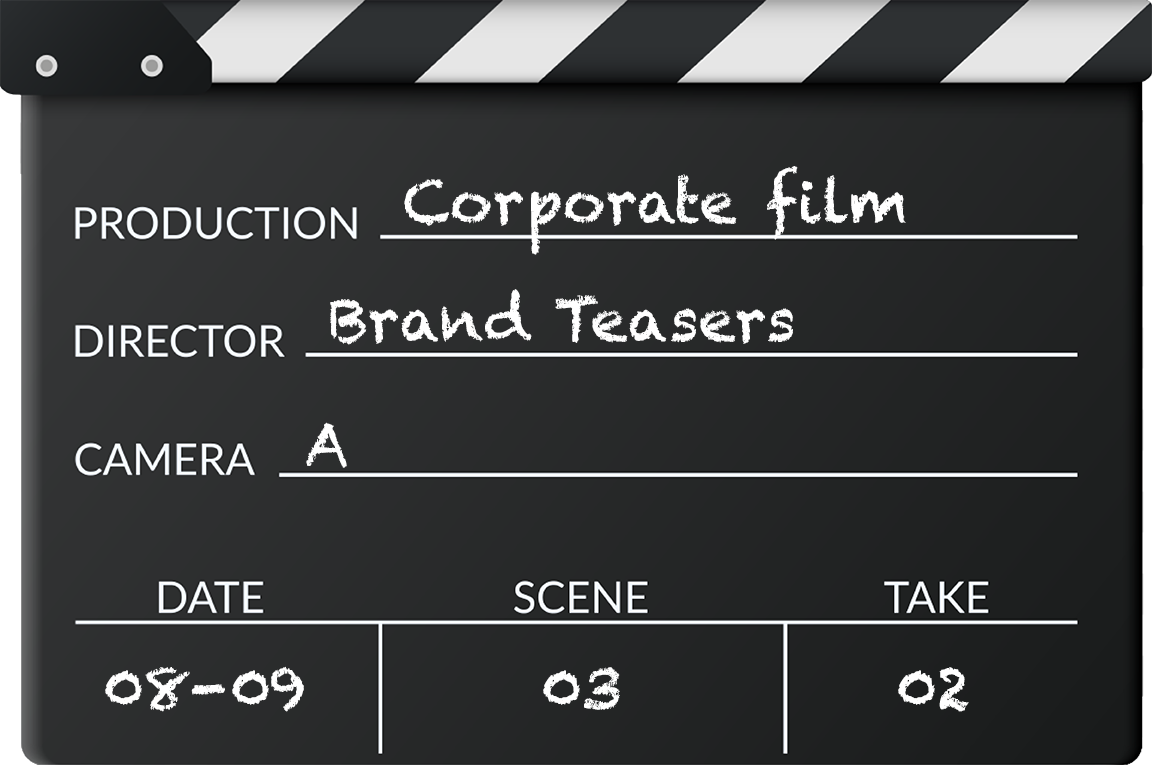 Filmklapper voor een bedrijfsfilm: productietitel, datum, scène en details over de opname.