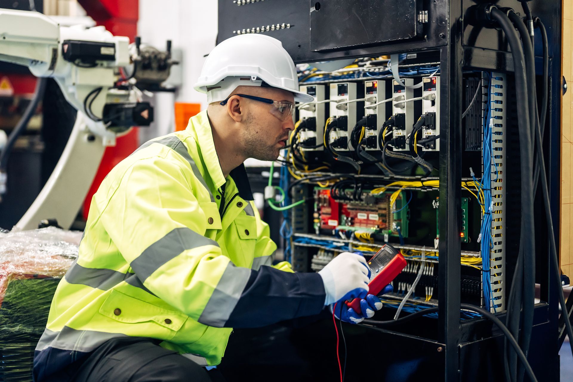 Technician In White Hard Hat And Safety Vest — Chayser Electrical in Currimundi, QLD