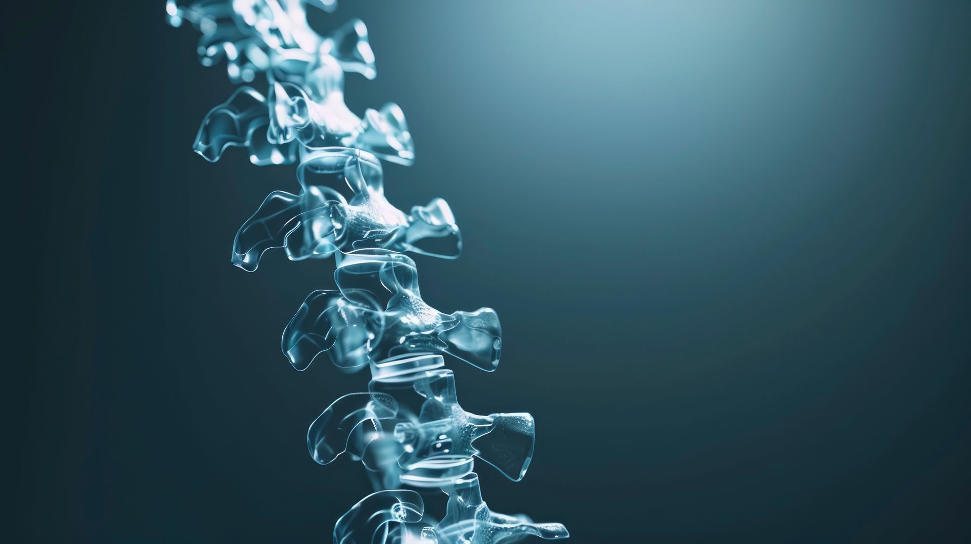 A close up of a human spine made of water on a dark background.