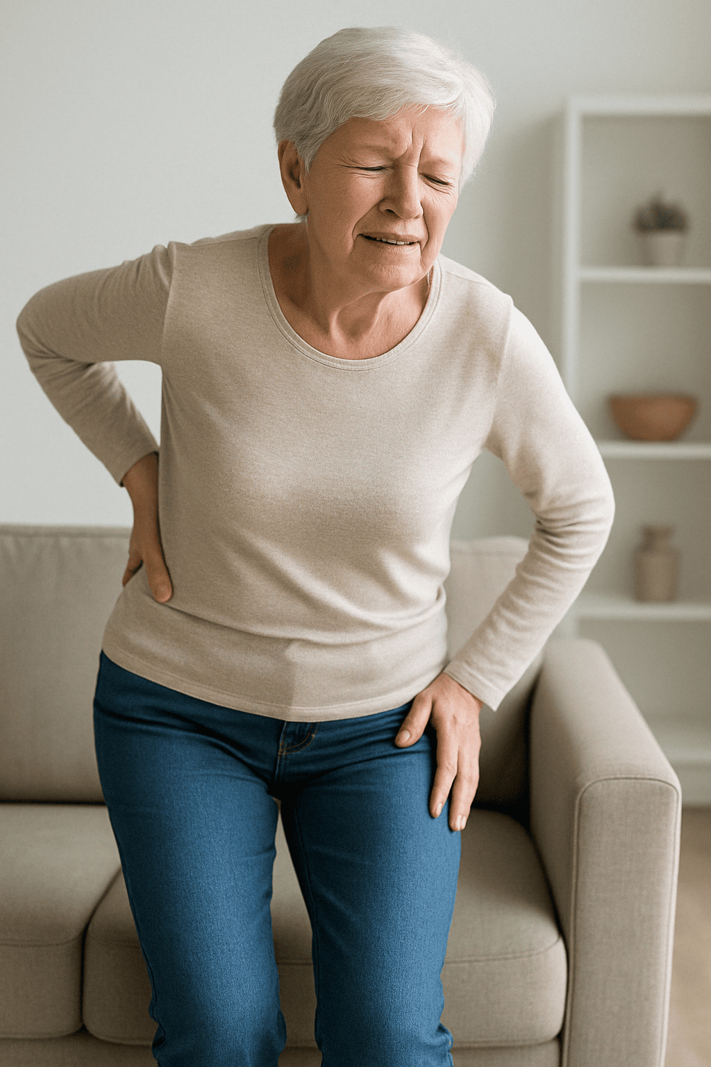 A wooden mannequin is holding his back in pain.