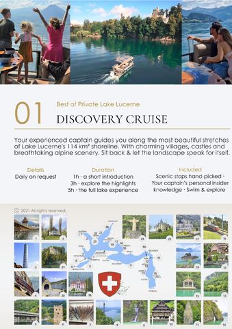 Tour boat navigating Lake Lucerne, surrounded by historic castles, lakeside villages, and alpine mountains.