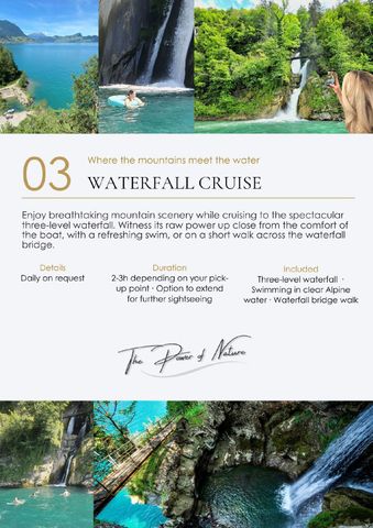 Scenic tour boat viewing a spectacular three-level waterfall up close from the water
