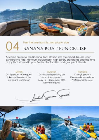 Friends and family riding an inflatable yellow banana boat on a sunny lake during a fun cruise