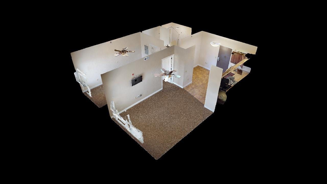 A 3d model of a living room and dining room in a house.