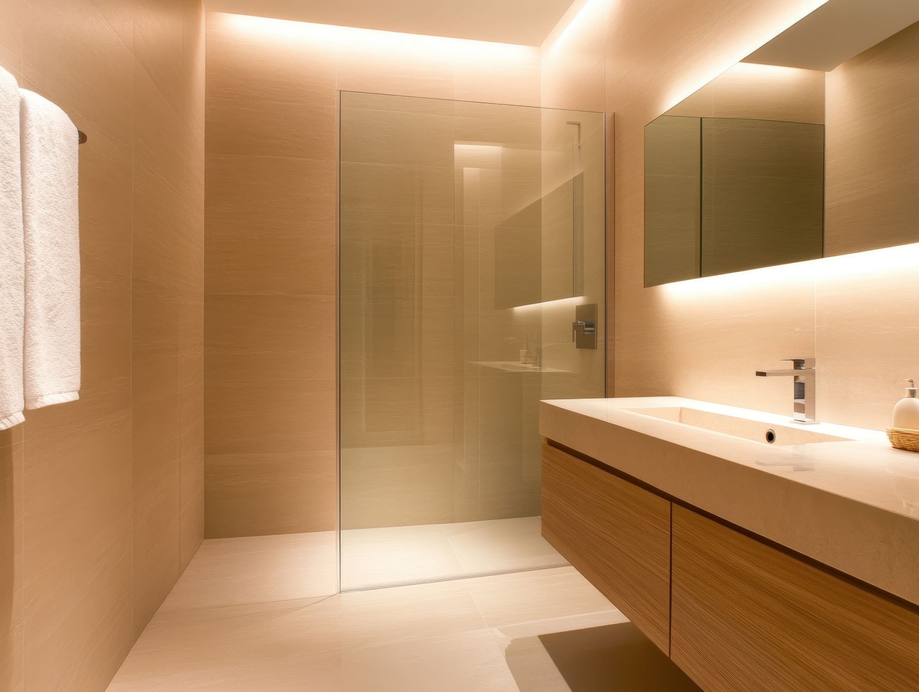 A bathroom with a walk in shower and a sink