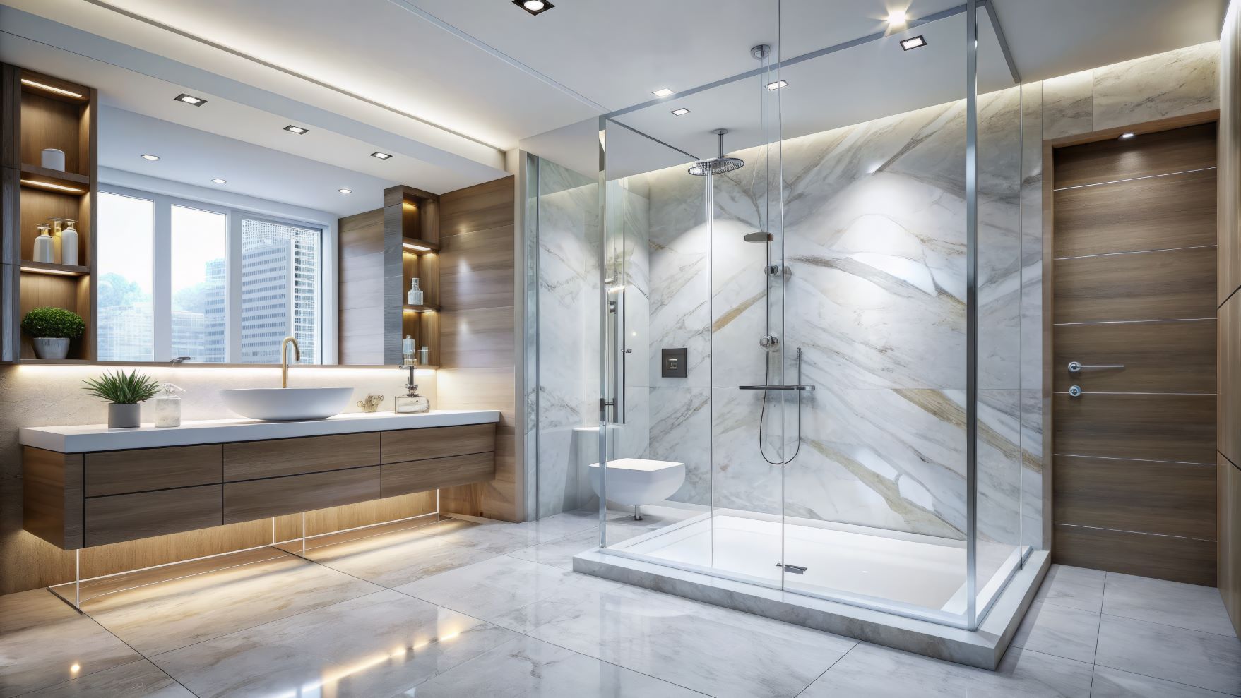 A bathroom with a walk in shower , sink , toilet and mirror.