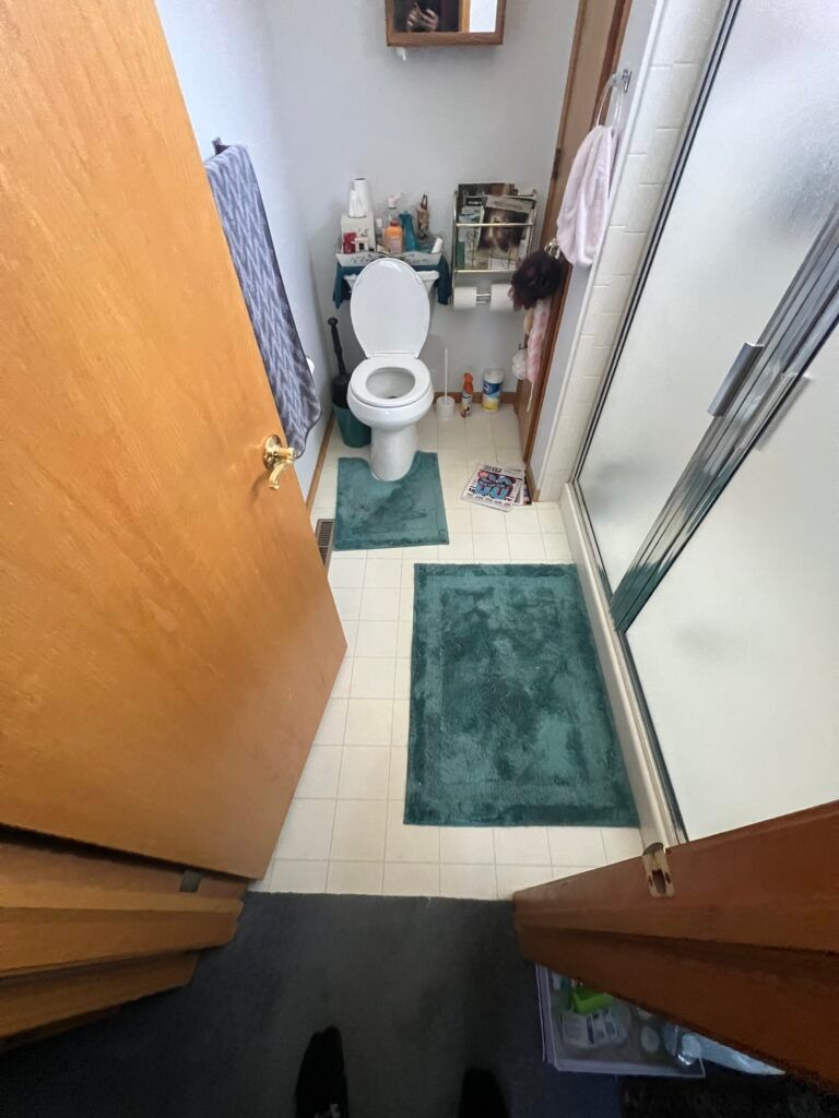 Small bathroom view with toilet, green bath mats, and partially open wooden doors.