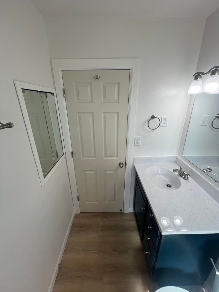 Small bathroom with white walls, beige door, wood floor, and dark vanity with sink and mirror.