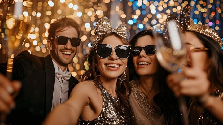 Friends in sunglasses smiling at a sparkling party with confetti and warm lights