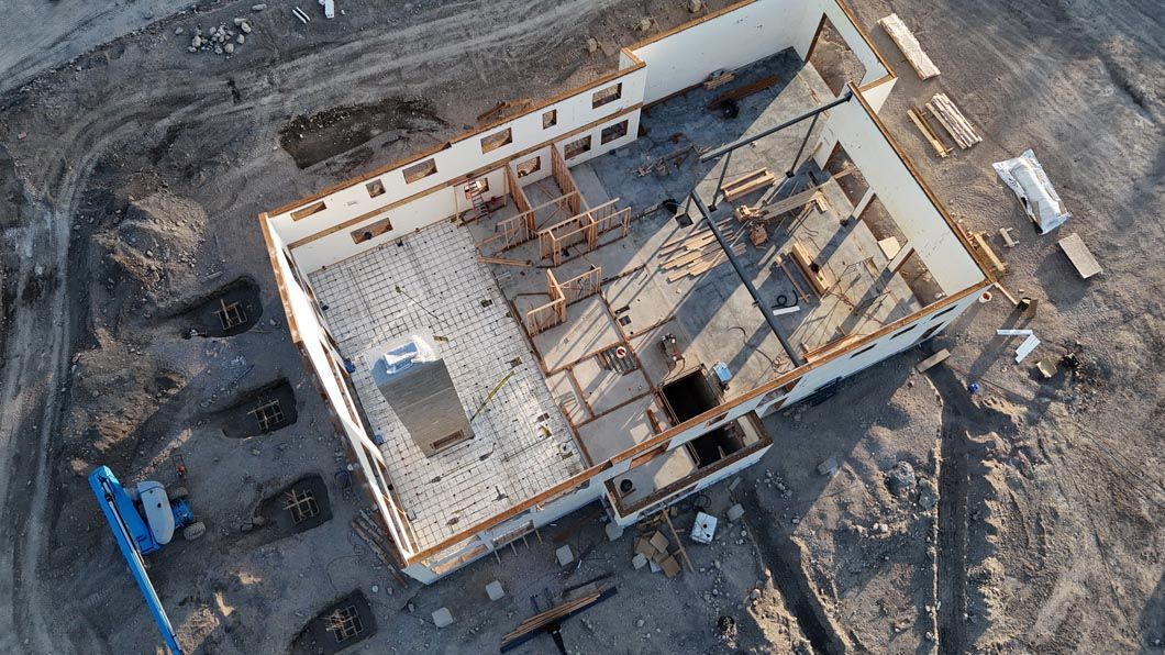 An aerial view of a building under construction.