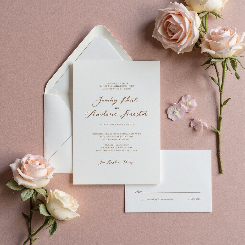 Wedding invitation set with roses on a pink background.