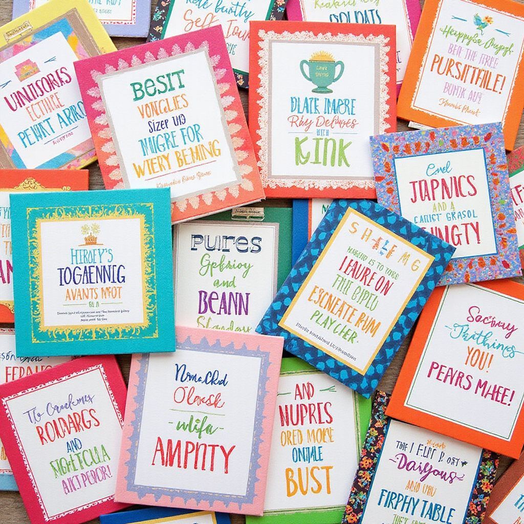 Pile of colorful cards with text in various fonts and decorative borders.
