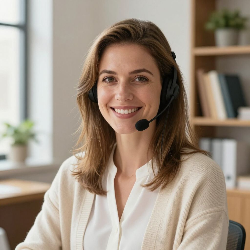 Woman wearing headset smiles, indoors at desk with window, books, and plants.