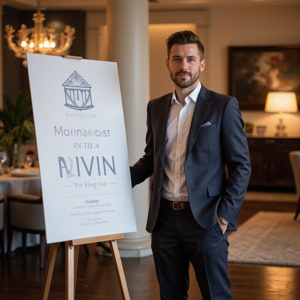  stands beside a sign with a restaurant logo 