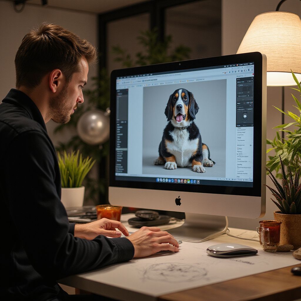 Man edits photo of a dog on a computer. He is in an office with plants and a lamp.