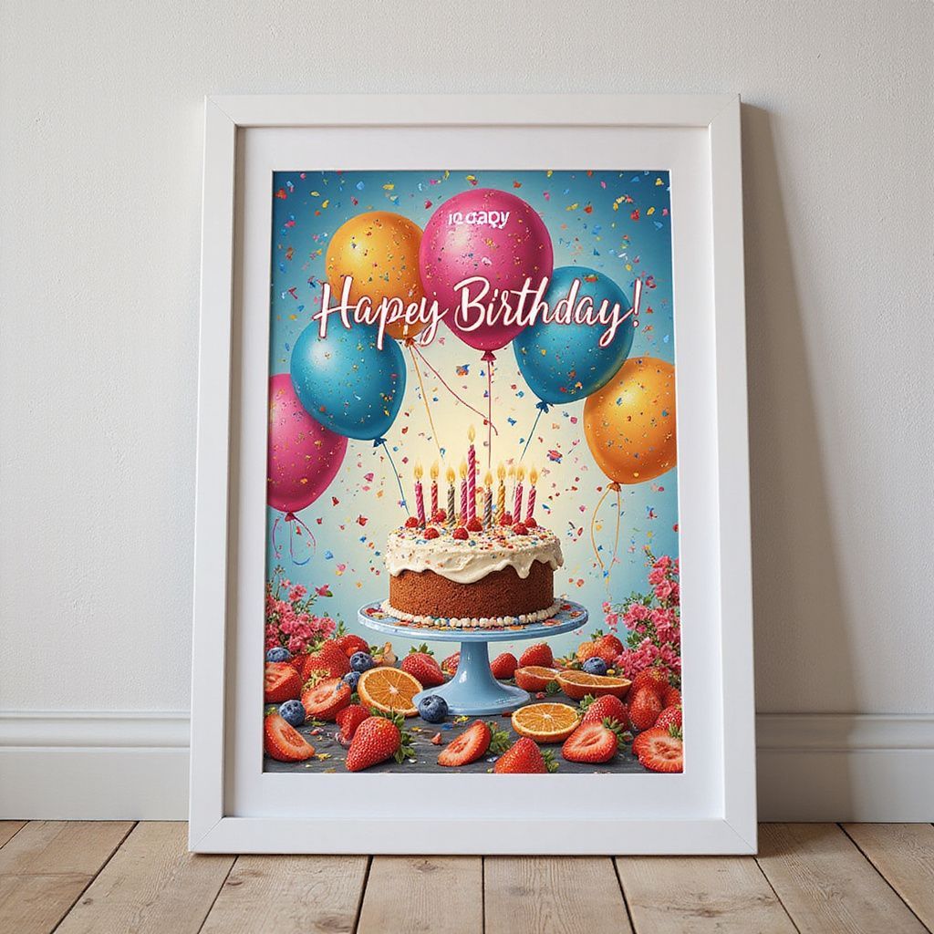 Framed birthday artwork: Cake with candles, balloons, confetti, and fruit. 