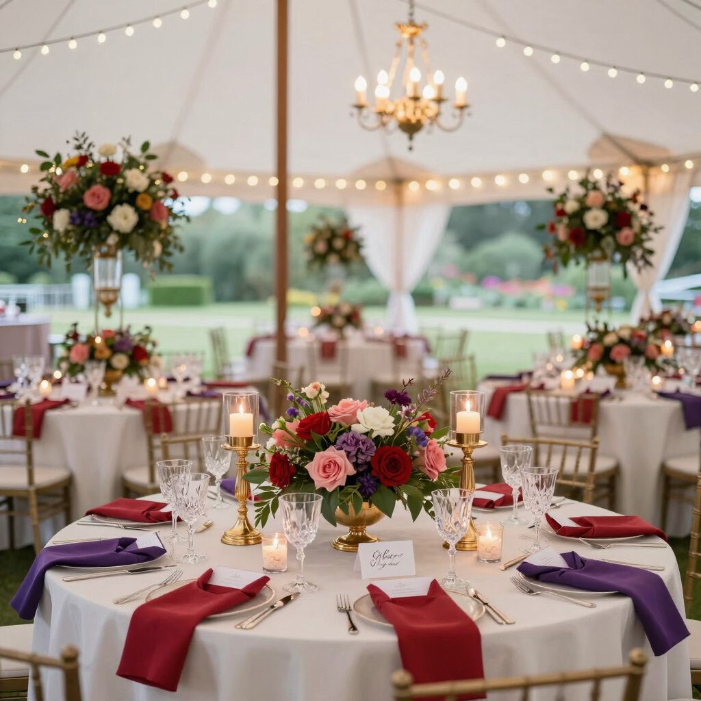 Elegant wedding reception tables with floral centerpieces, candles, and red and purple napkins under a tent.