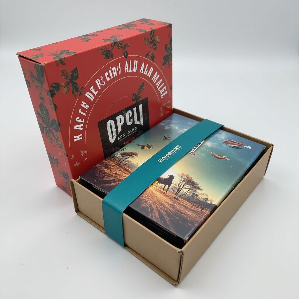 Box set with a red lid featuring leaves and text, open to reveal a stack of cards secured by a teal band.