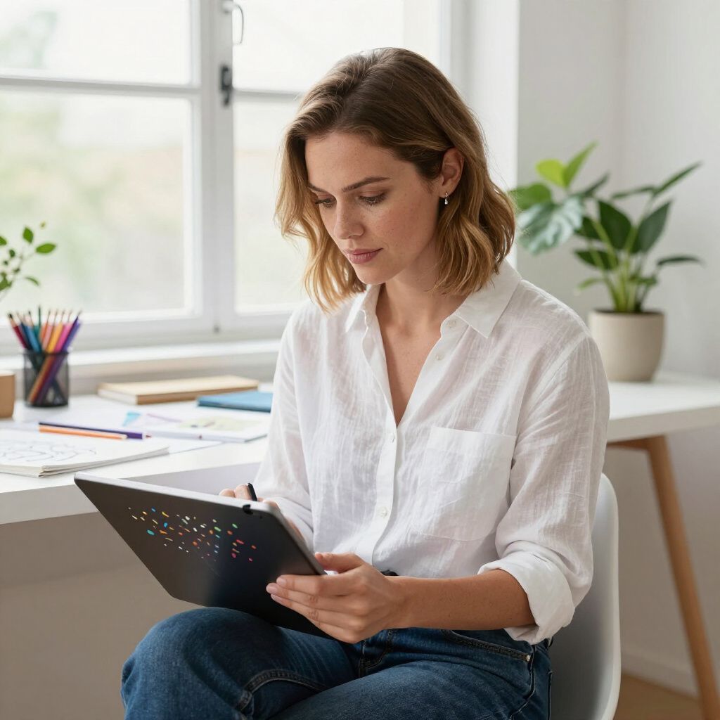Woman in white shirt and jeans, sitting and looking at a clipboard with an open window and desk in the background.